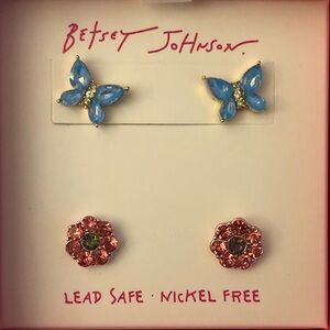 Betsey Johnson 2 Pair Stud Earring Set Butterfly & Flower Crystal Accents NWT